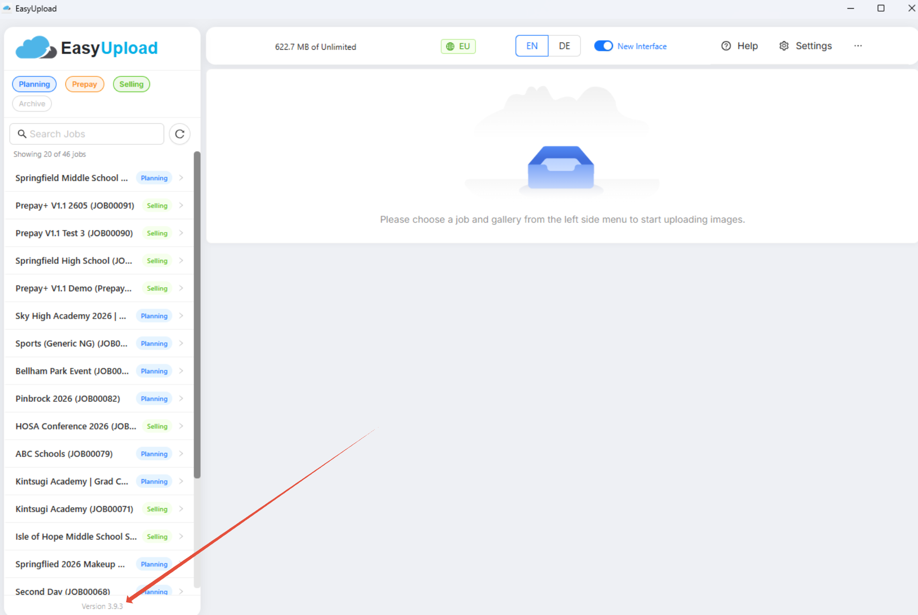 Screenshot showing where to find the current EasyUpload version number.