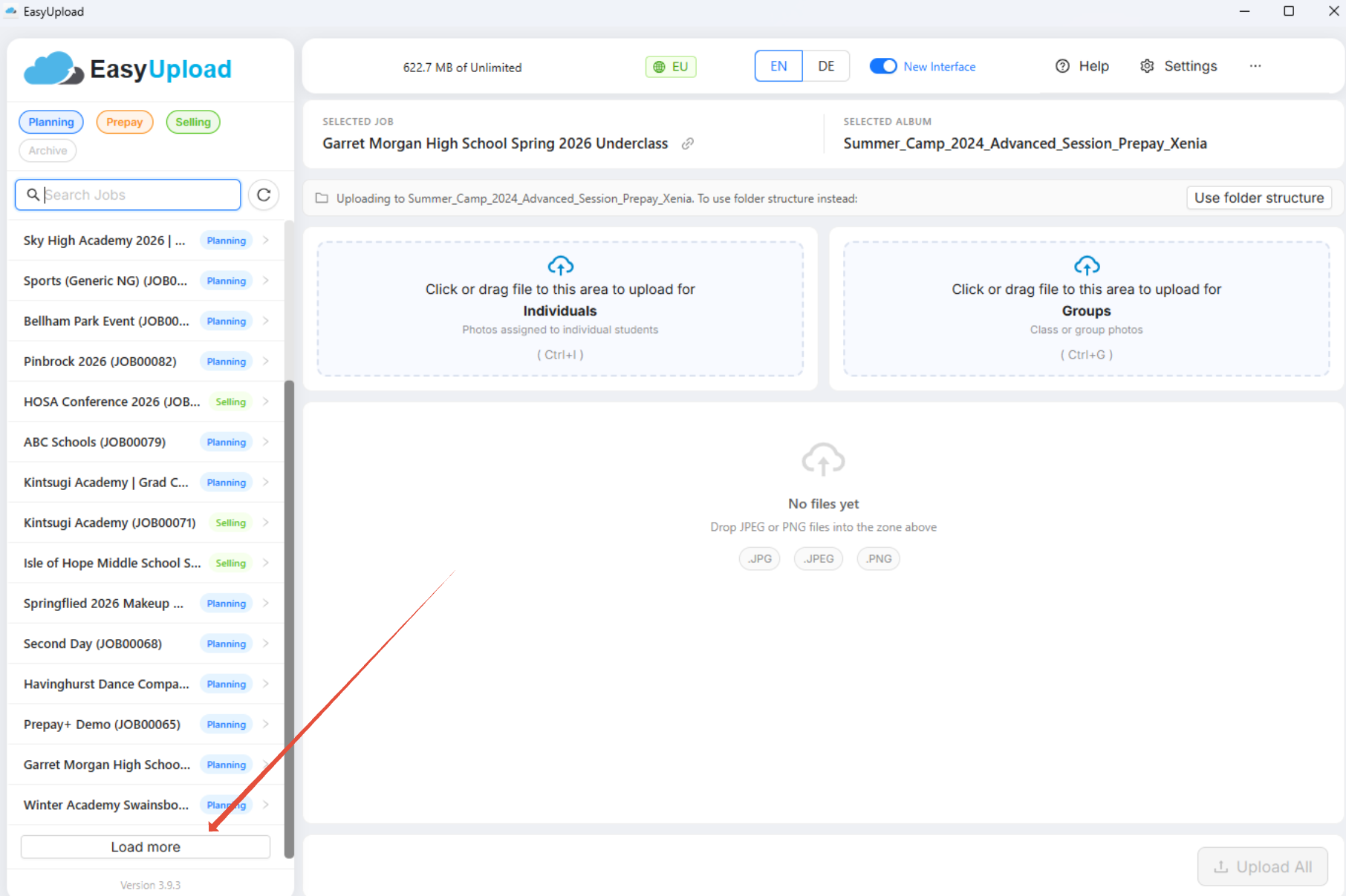 Screenshot showing how to load more jobs.