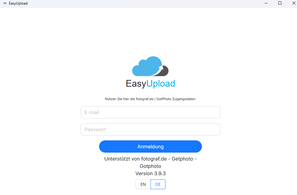 Screenshot der EasyUpload-Anmeldeseite.