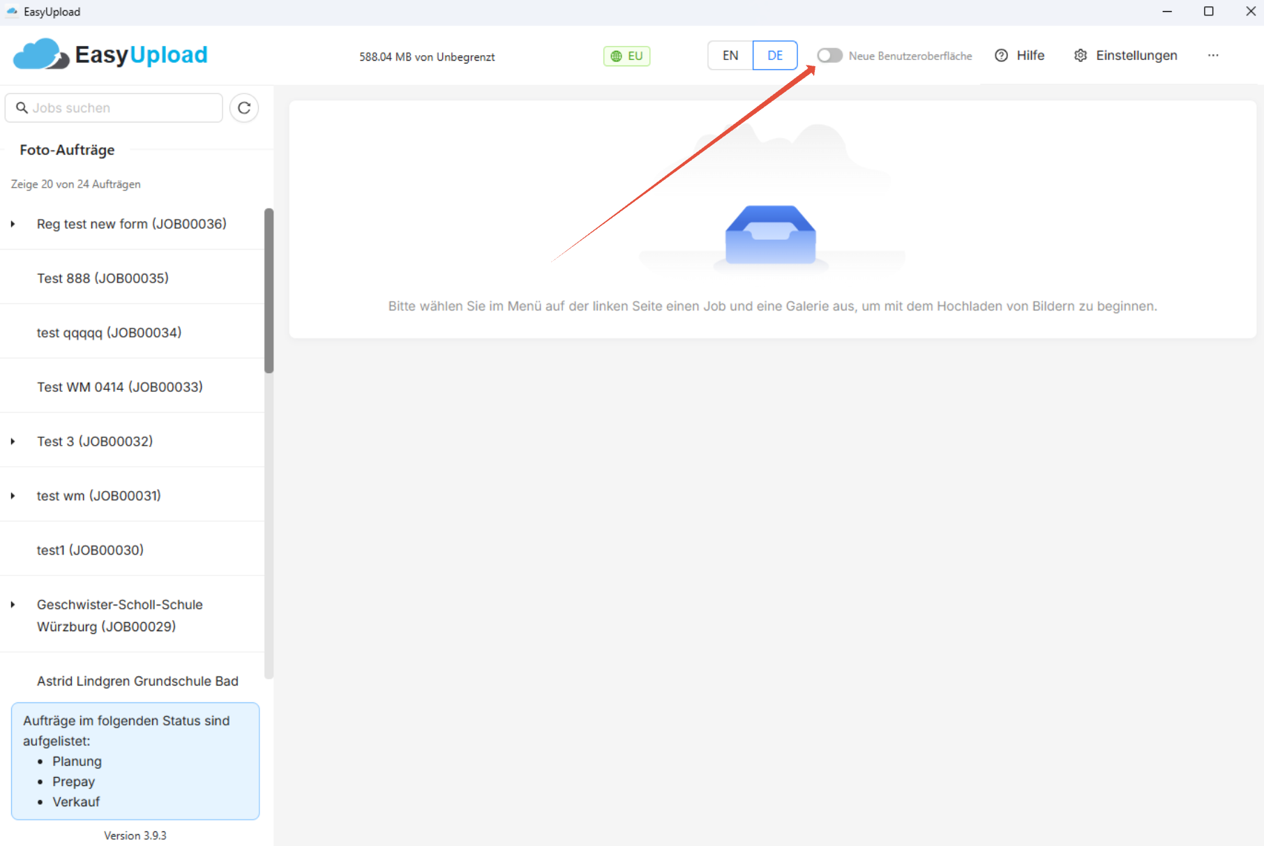 Screenshot, der zeigt, wie die alte Version aktiviert werden kann.