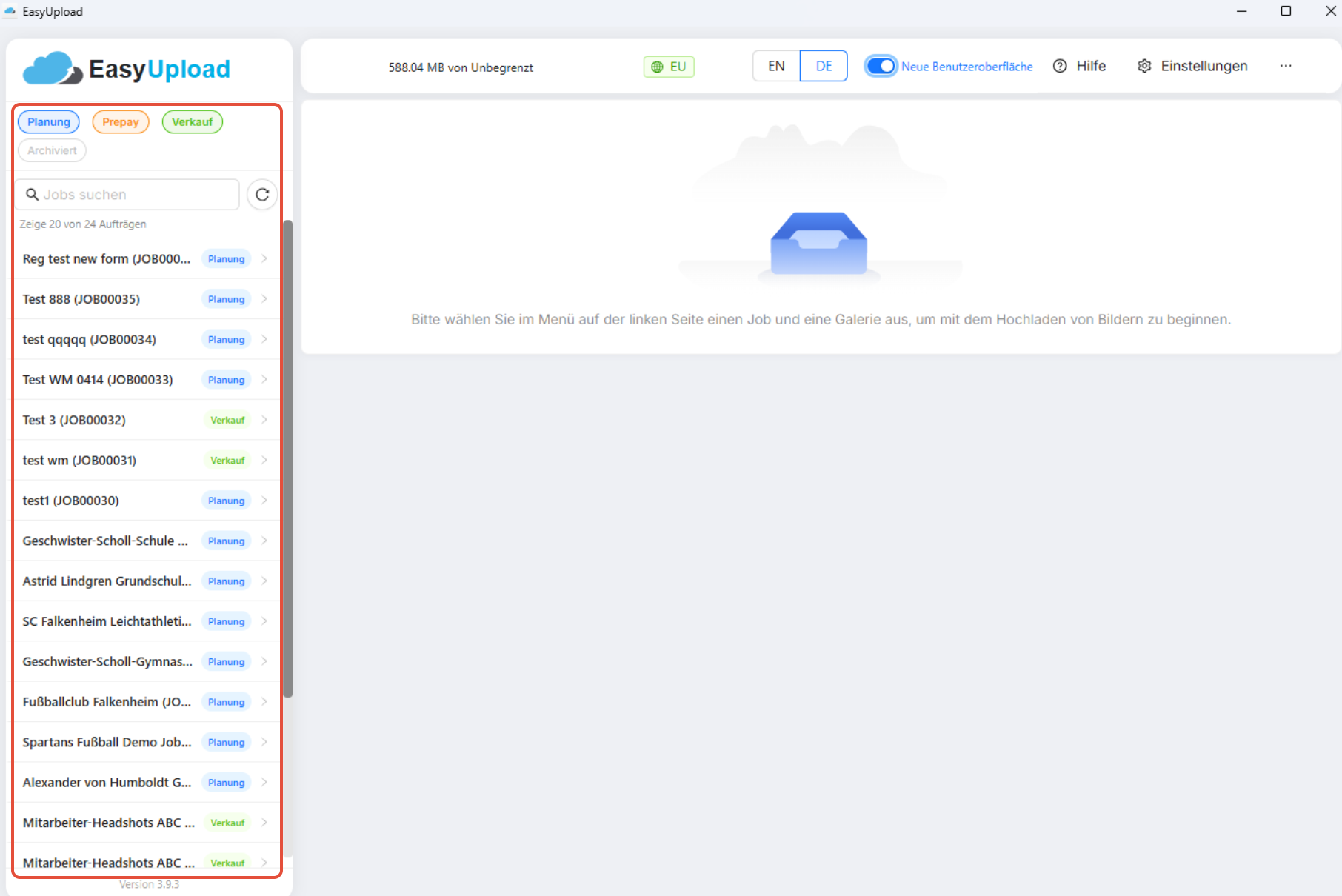 Screenshot, der die farbcodierten Job-Statusanzeigen zeigt.