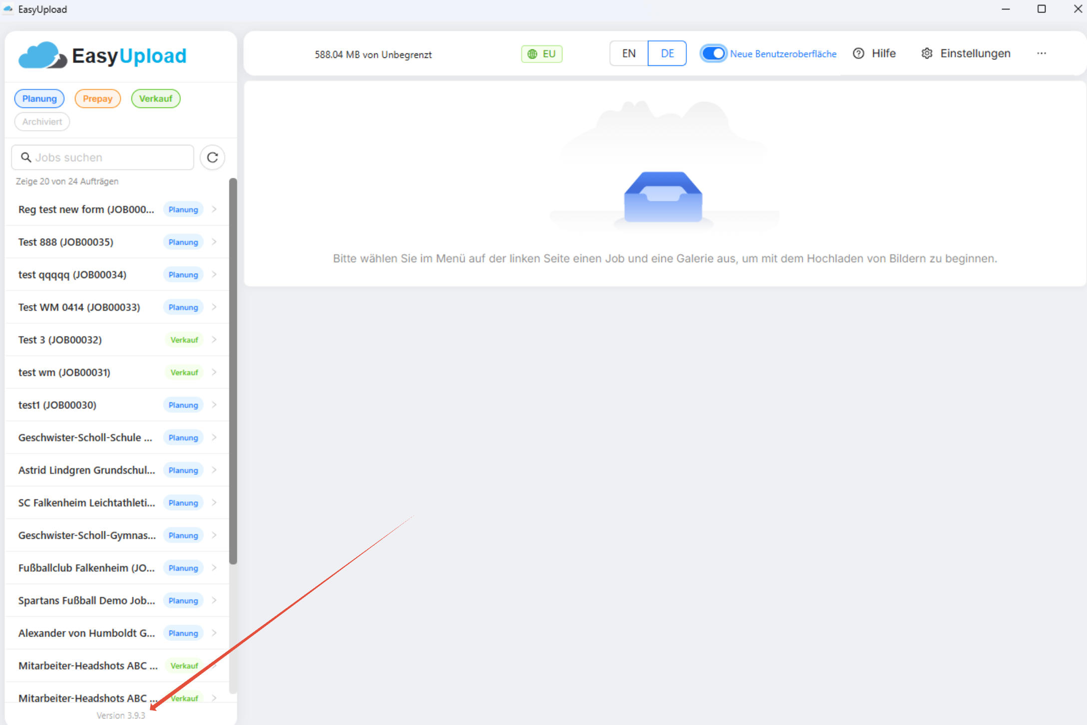 Screenshot, der die aktuelle EasyUpload-Version zeigt.