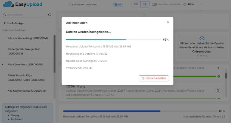 Screenshot, der den Upload-Fortschritt zeigt.