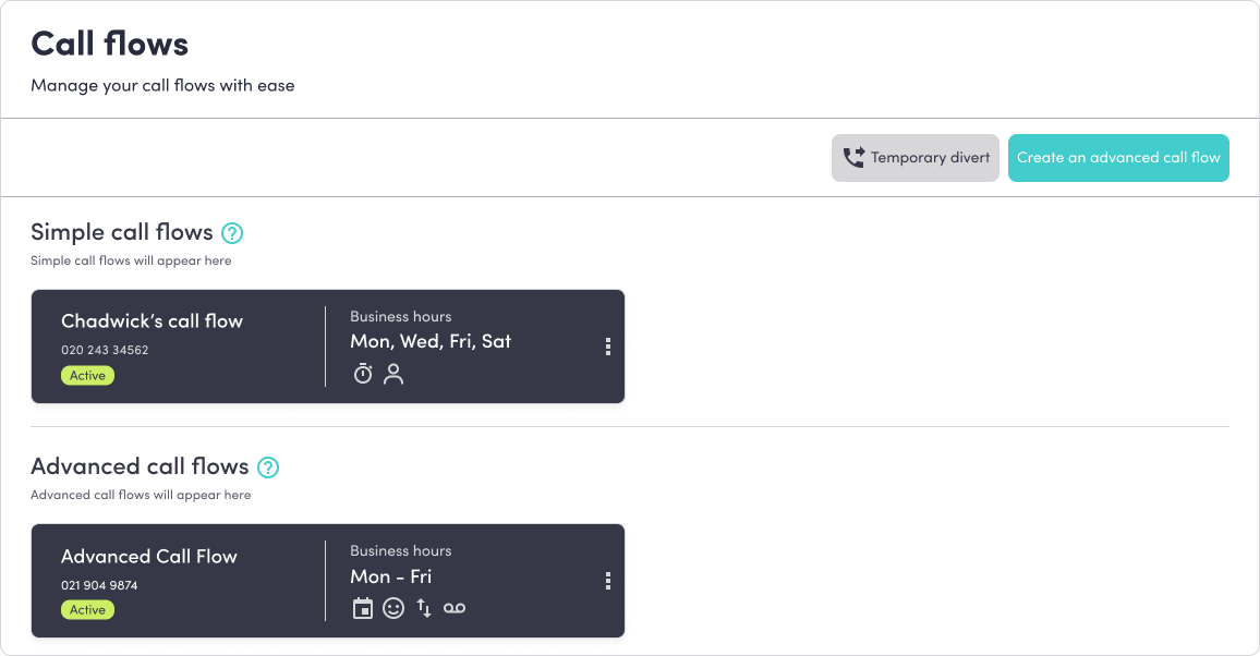 The All call flows section showing saved simple and advanced call flows with options to enable, edit, and delete.