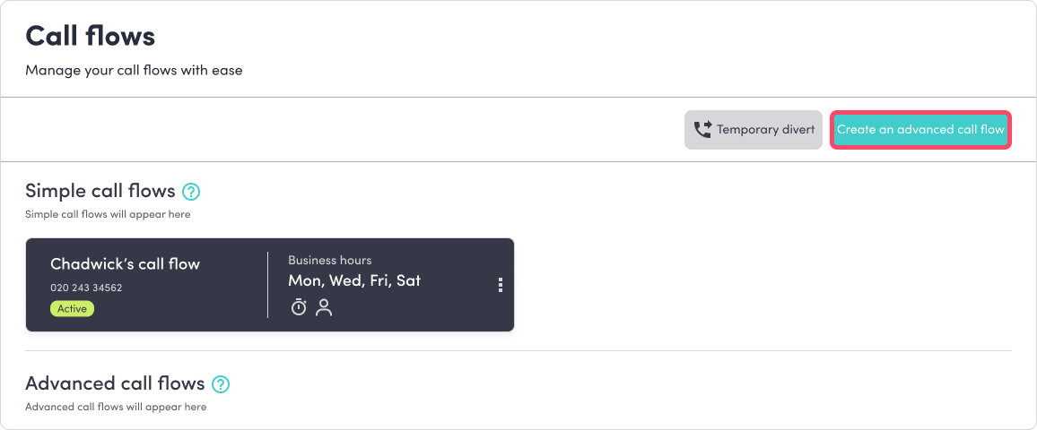 The Call Flows page in the MybOnline portal showing the Create an advanced call flow button.