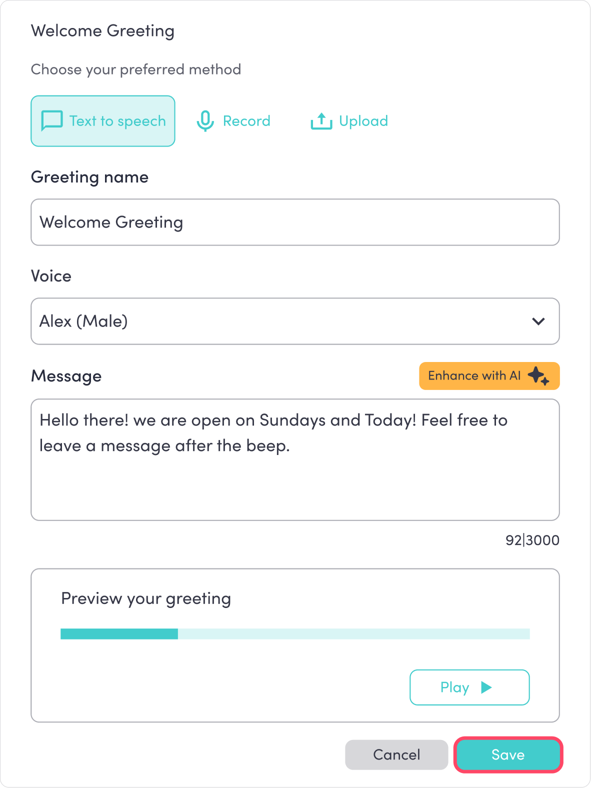 The greeting upload screen showing the option to listen to and save the greeting.