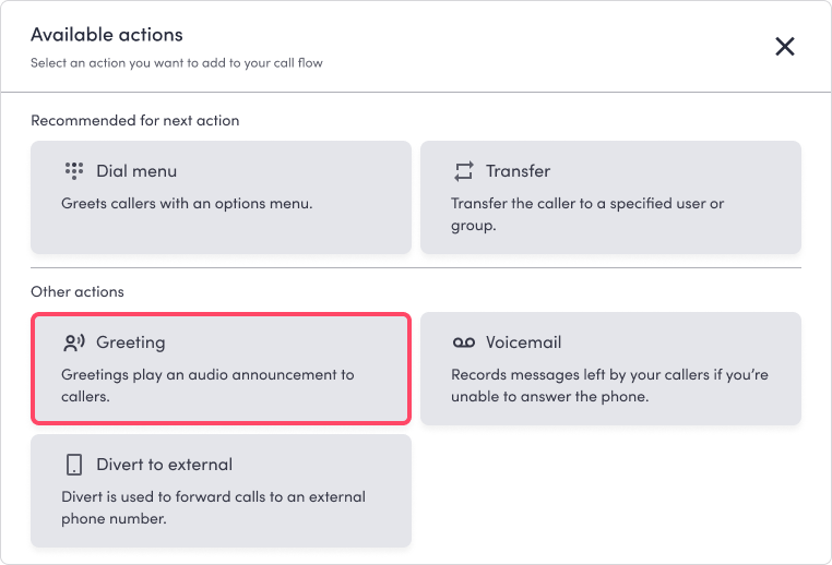 The Add action pop-up showing available actions including Greeting.