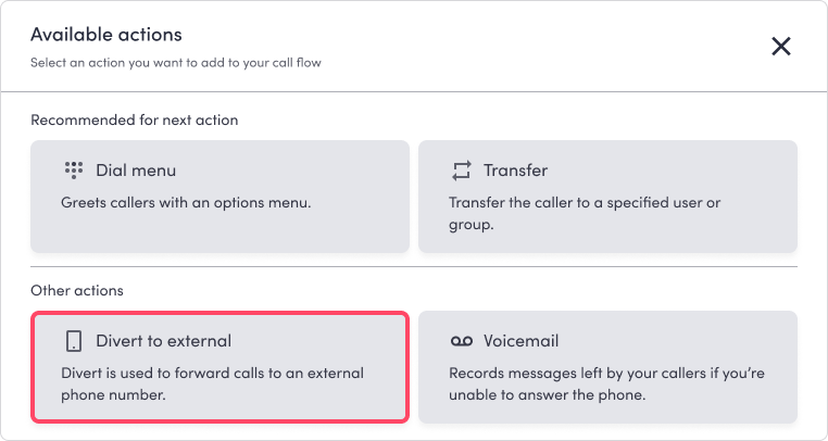 The Add action pop-up showing the Divert to external option among available call routing actions.