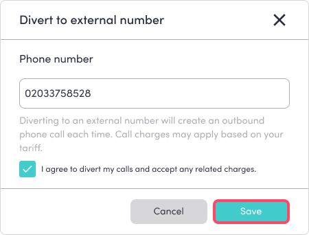 The Divert to external configuration screen showing the number entry field and charge confirmation.