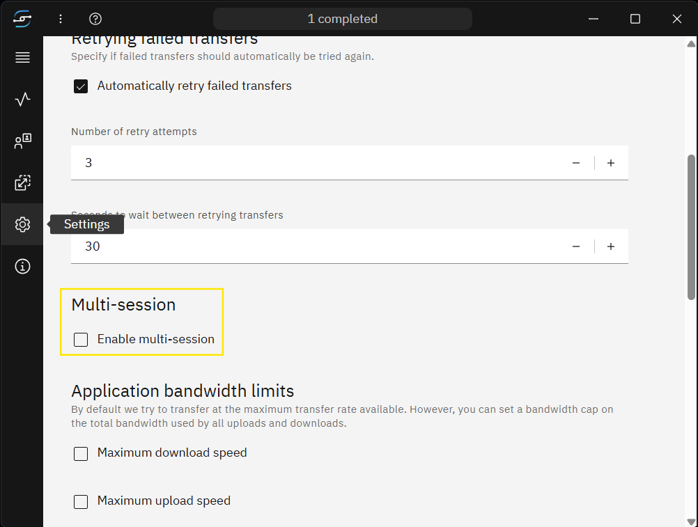Settings — Enable multi-session unchecked