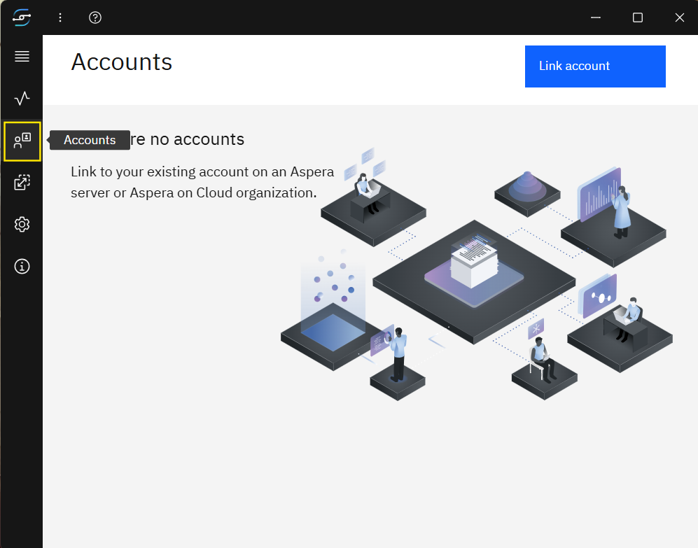 Accounts tab — empty, with Link account button