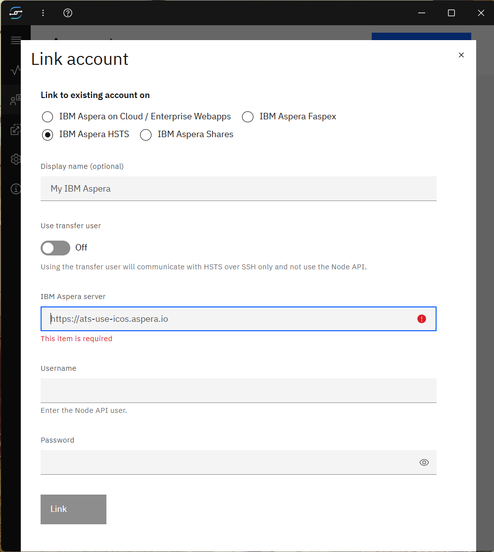 Link account — IBM Aspera HSTS selected with connection fields