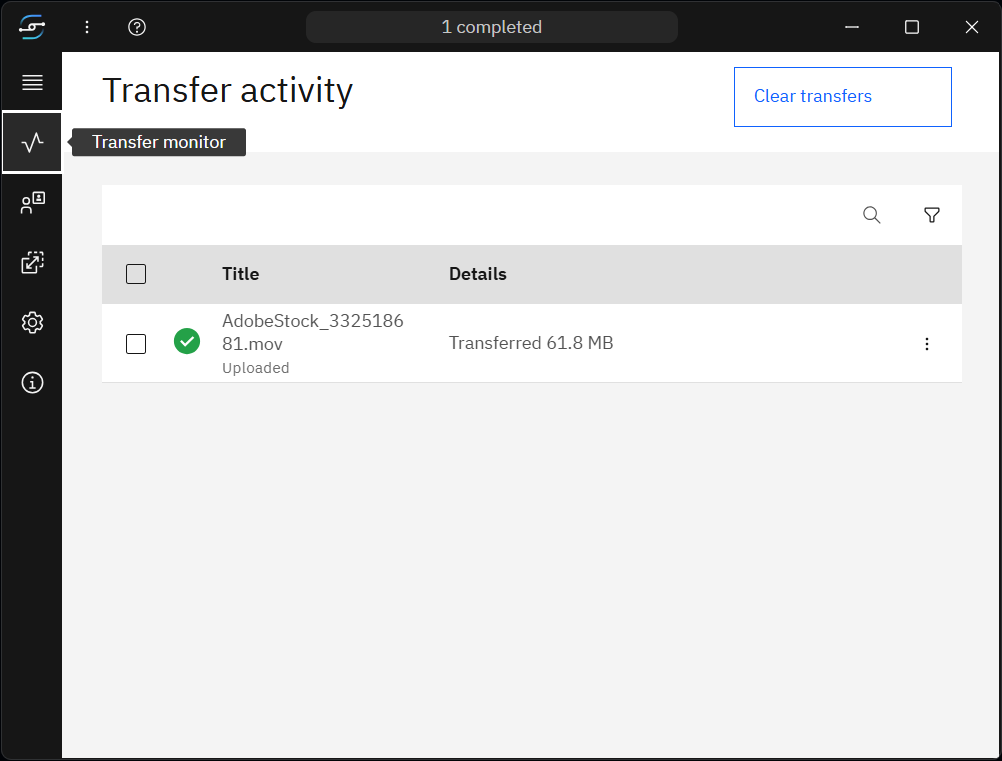 Transfer activity — completed upload with green tick