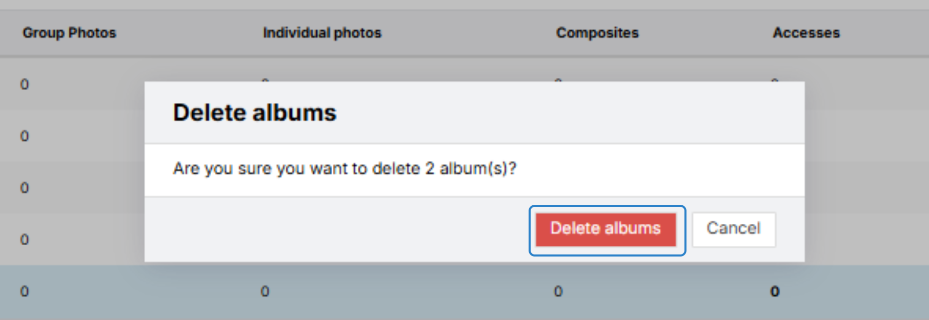 Screenshot showing the delete albums button in the prompt.