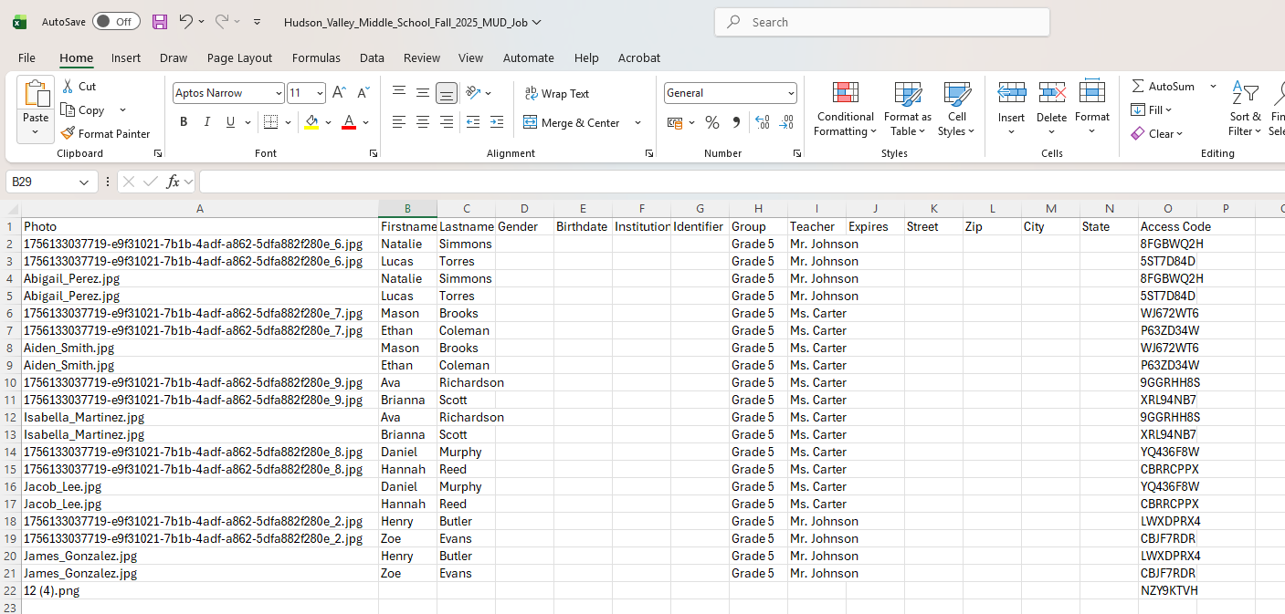 CSV file containing exported photo job metadata.