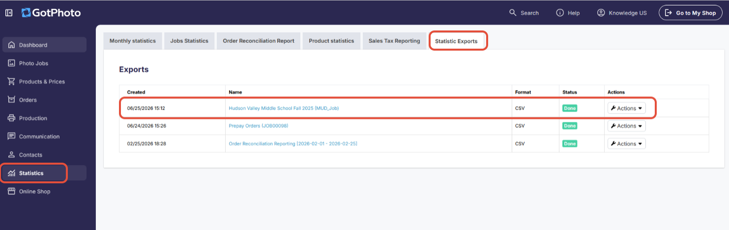 Statistics Export page listing completed metadata exports.