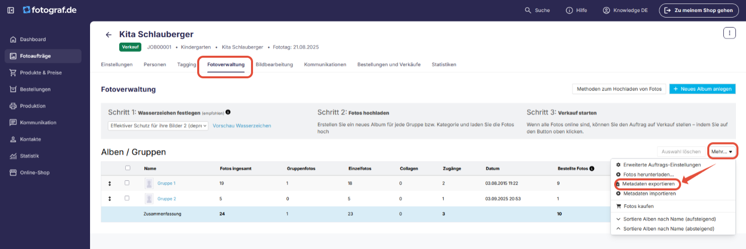 Menü „Mehr“ mit der Option „Metadaten exportieren“.