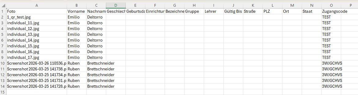 CSV-Datei mit den Metadaten eines Fotoauftrags.