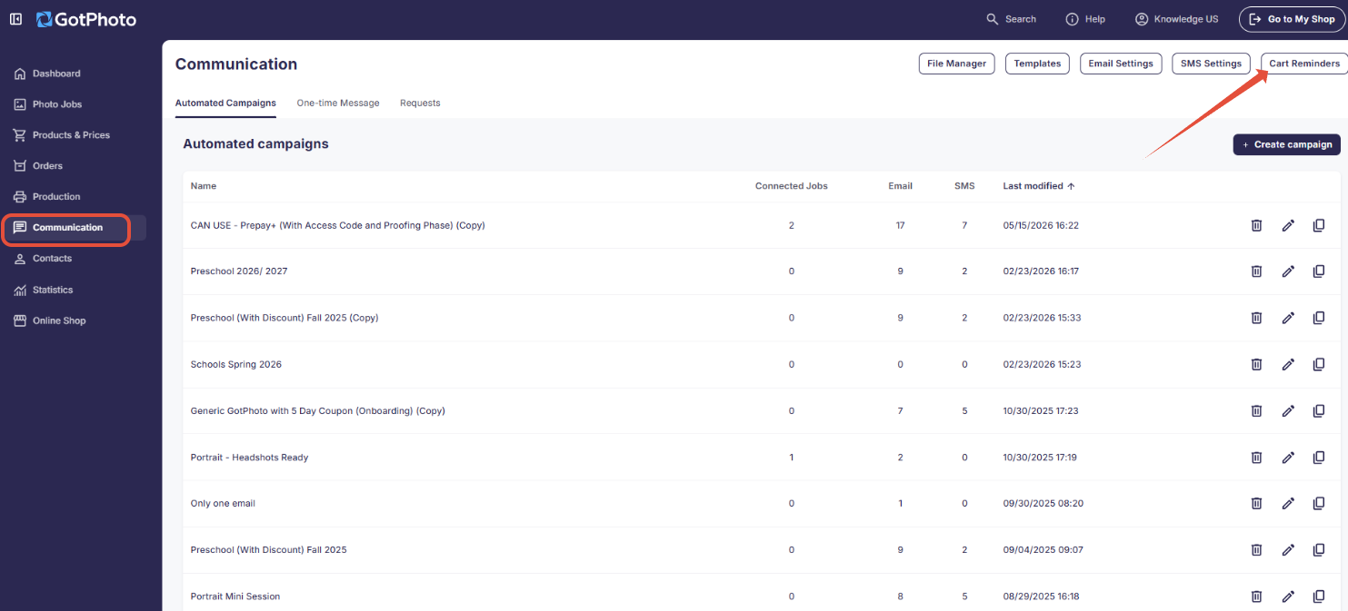 Screenshot showing the Basket Reminders button in the upper-right corner of the Communication page.