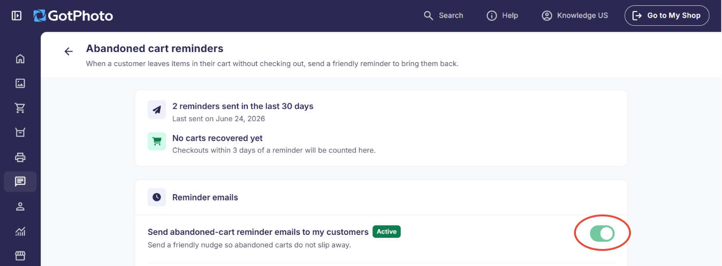 Screenshot showing the toggle to enable or disable abandoned-cart reminder emails.