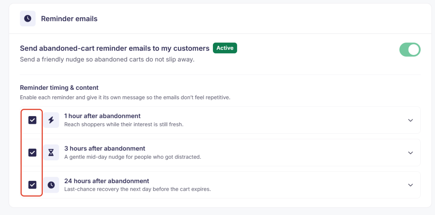 Screenshot showing the checkboxes for selecting reminder timing intervals.