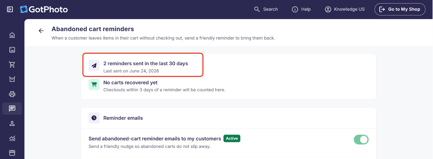 Screenshot showing the sent reminders counter at the top of the Basket Reminders page.