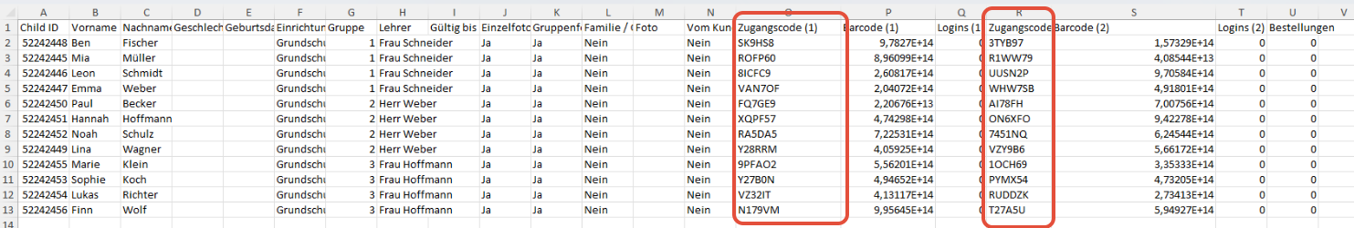 Exportierte Namensliste mit zweitem Zugangscode