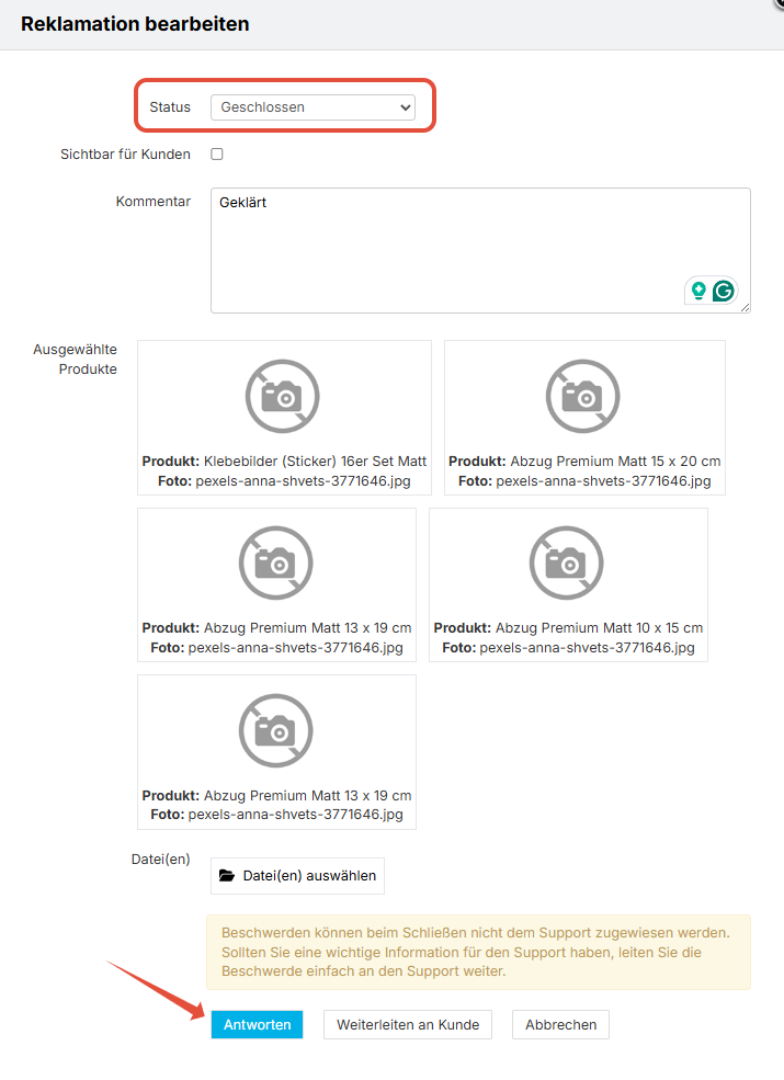 Reklamationsfenster mit gewähltem Status "Geschlossen"