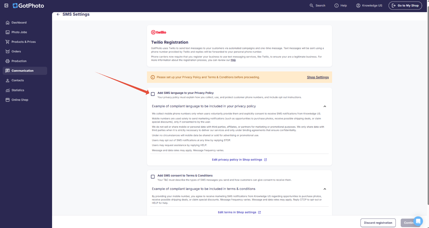 SMS setup page with the Get started button.