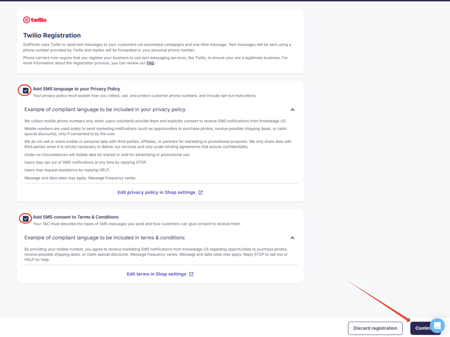 Twilio registration form for entering business details.