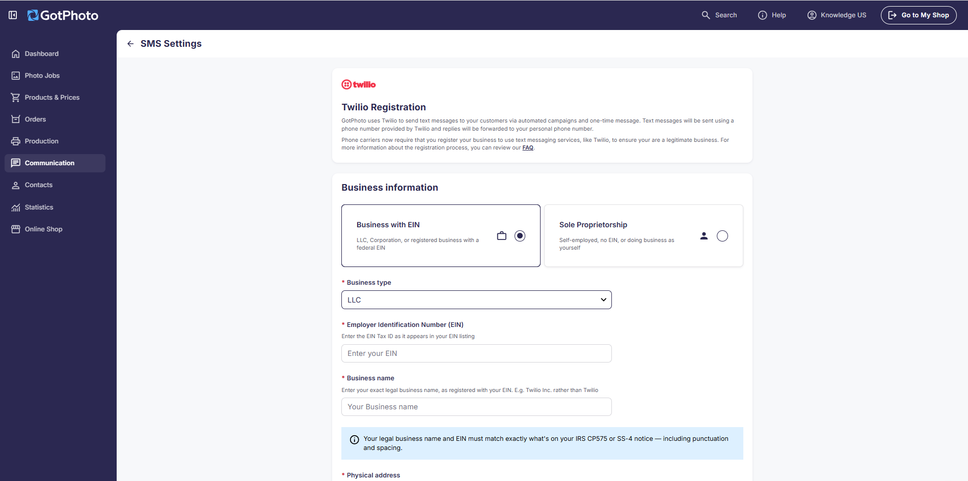 Twilio registration page with the Continue button.