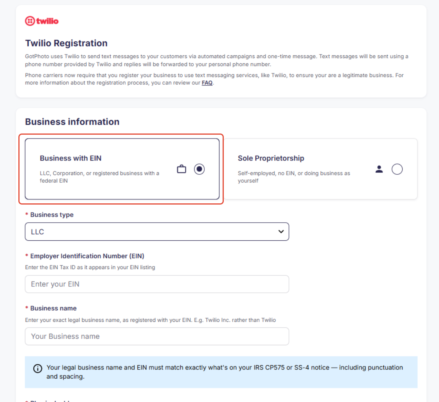 Screenshot showing the Twilio business registration form for companies using an EIN.