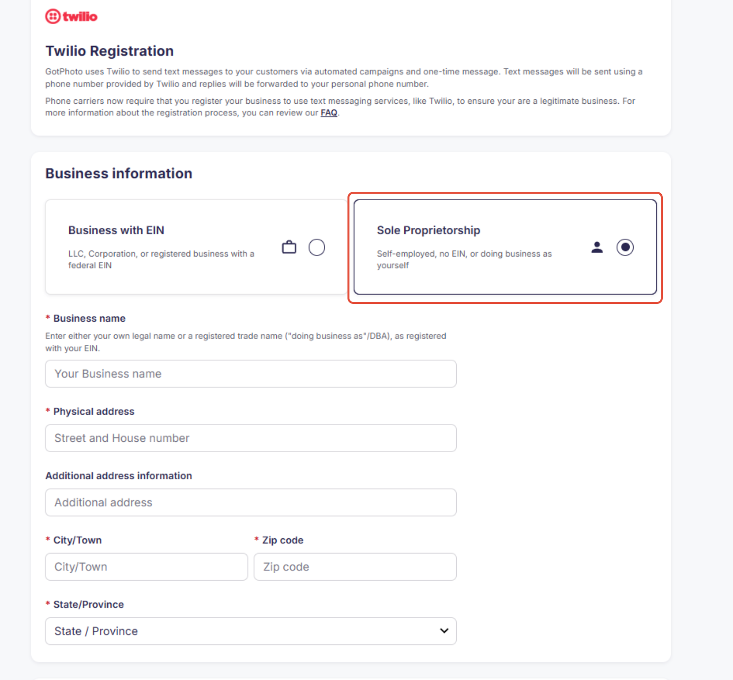 Screenshot showing the Twilio registration form for sole proprietors.