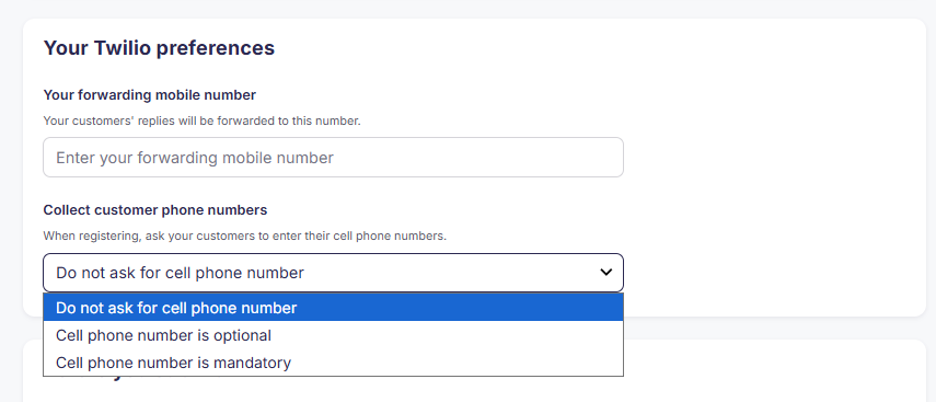 Screenshot showing SMS forwarding settings and customer phone number preferences for sole proprietors.
