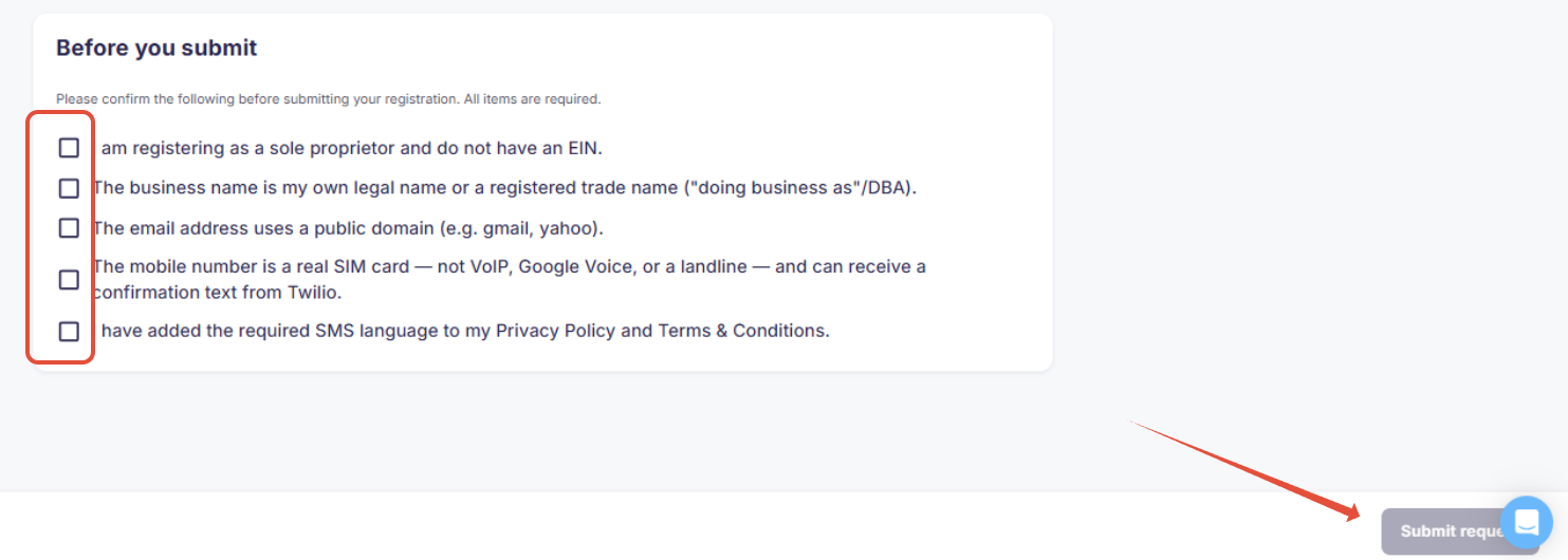 Screenshot showing Twilio submission checklist for sole proprietors.