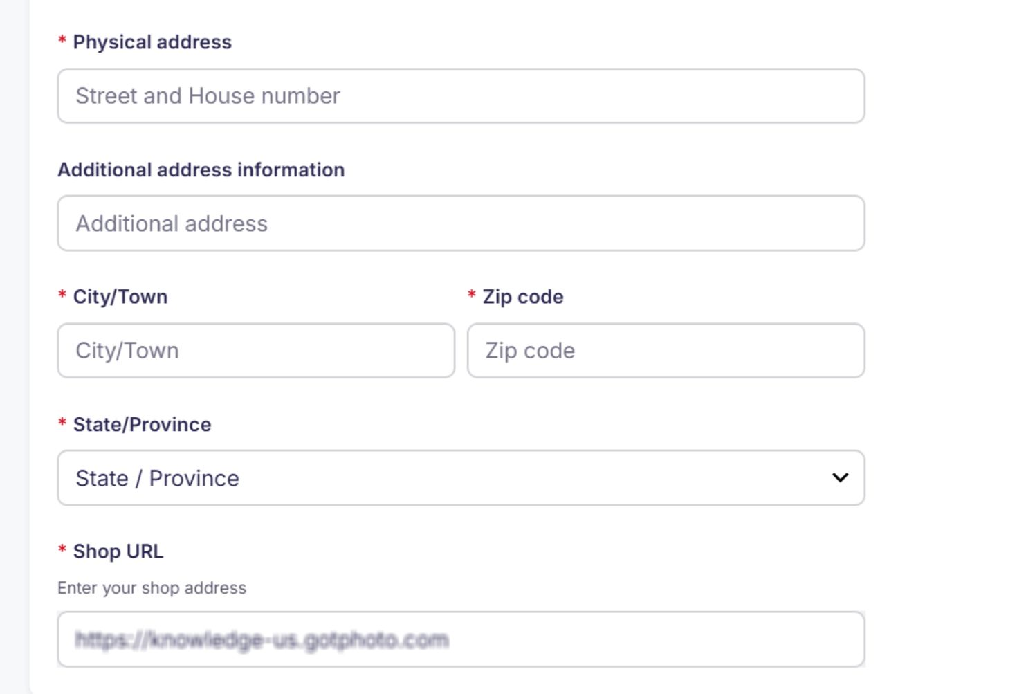 Screenshot showing the business address and GotPhoto Shop URL fields in the Twilio registration form.