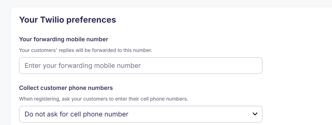 Screenshot showing Twilio preferences for businesses, including SMS reply handling and phone number settings.