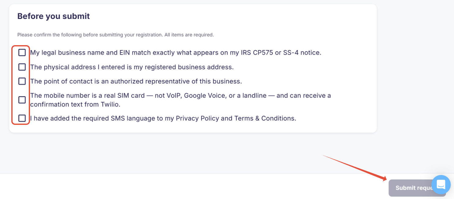 Screenshot showing the Twilio submission checklist for businesses.