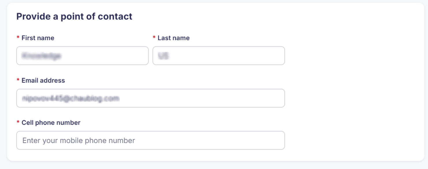 Screenshot showing the point of contact fields for sole proprietors registering with Twilio.