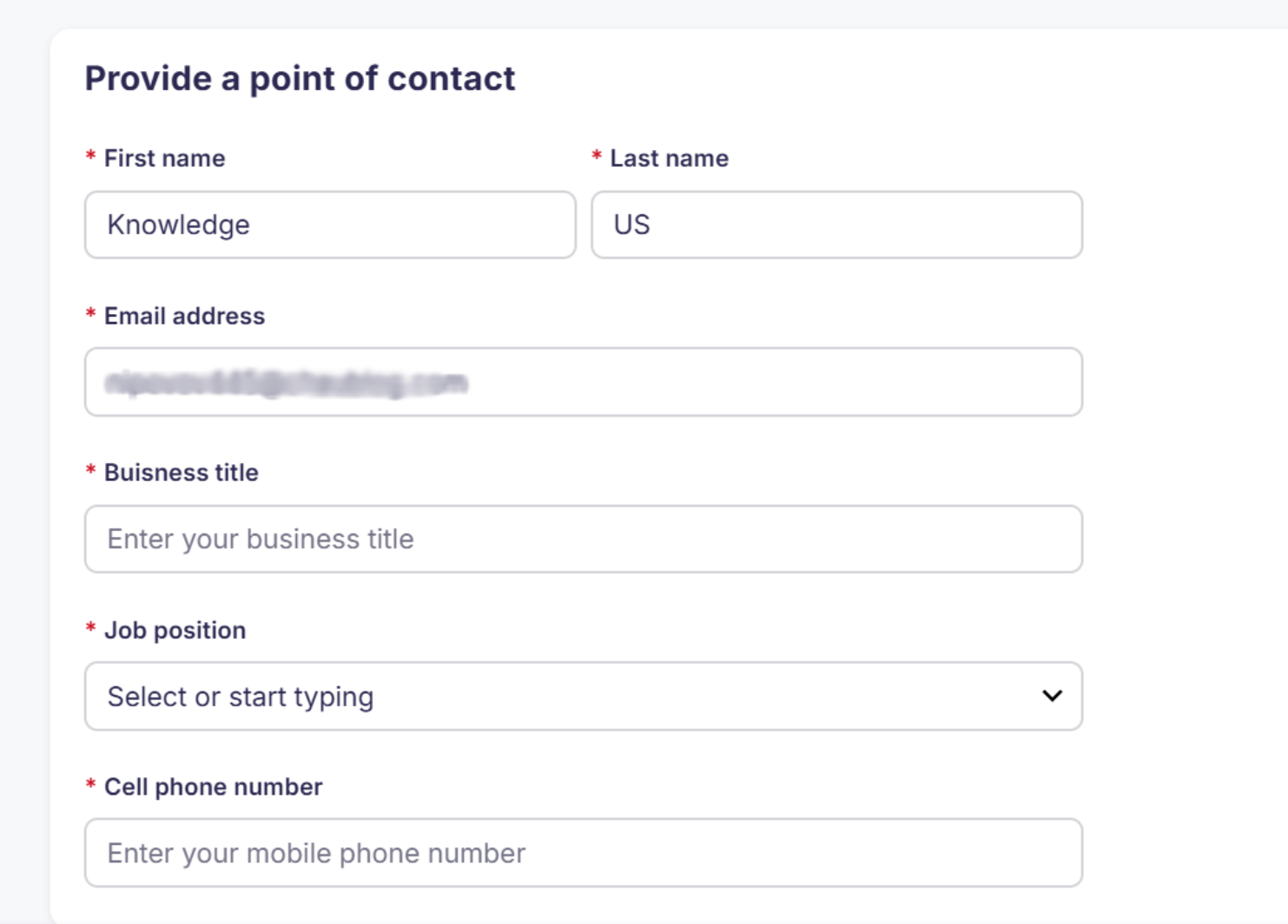 Screenshot showing the point of contact fields for businesses registering with Twilio.
