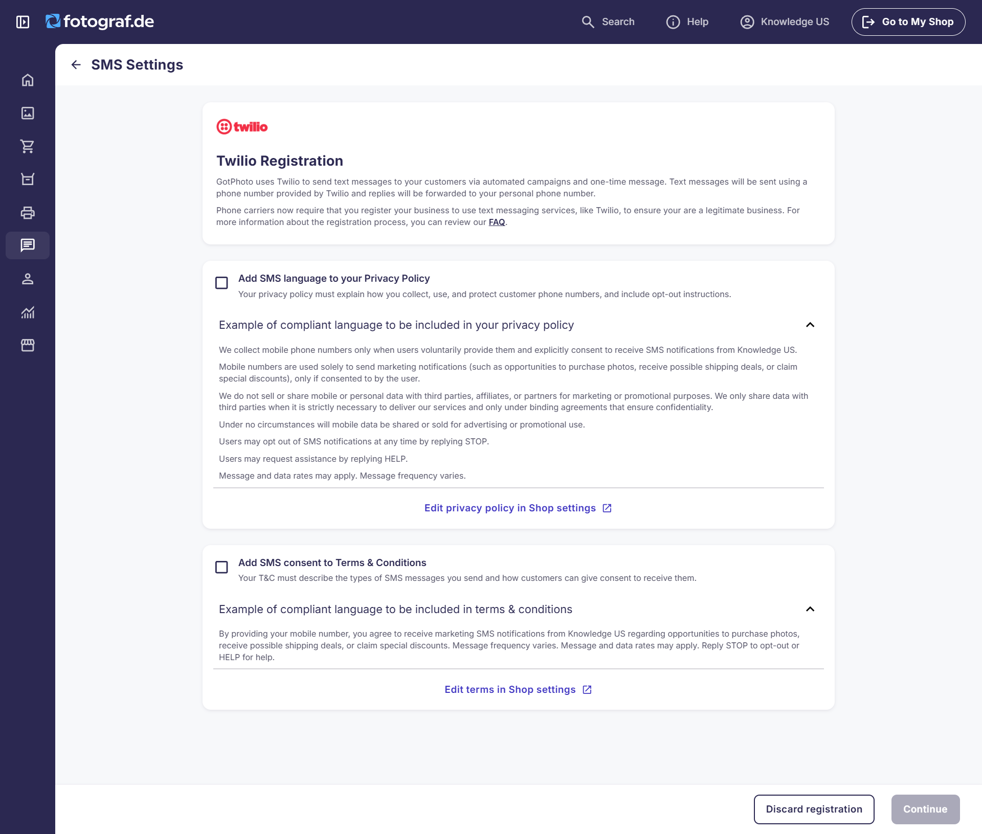 Screenshot showing the required Privacy Policy and Terms & Conditions confirmations.