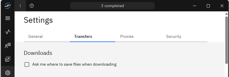 The Transfers tab showing the download location setting