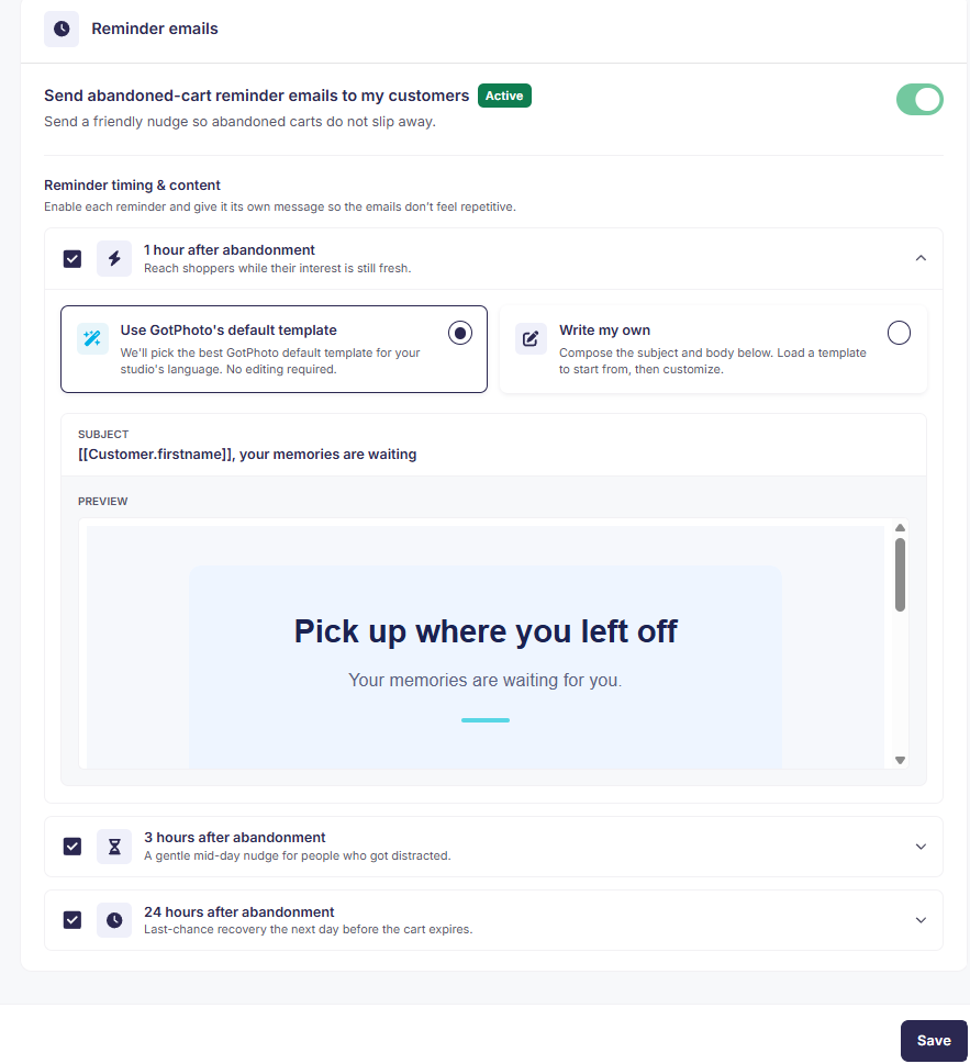 Screenshot showing the template options for each basket reminder.