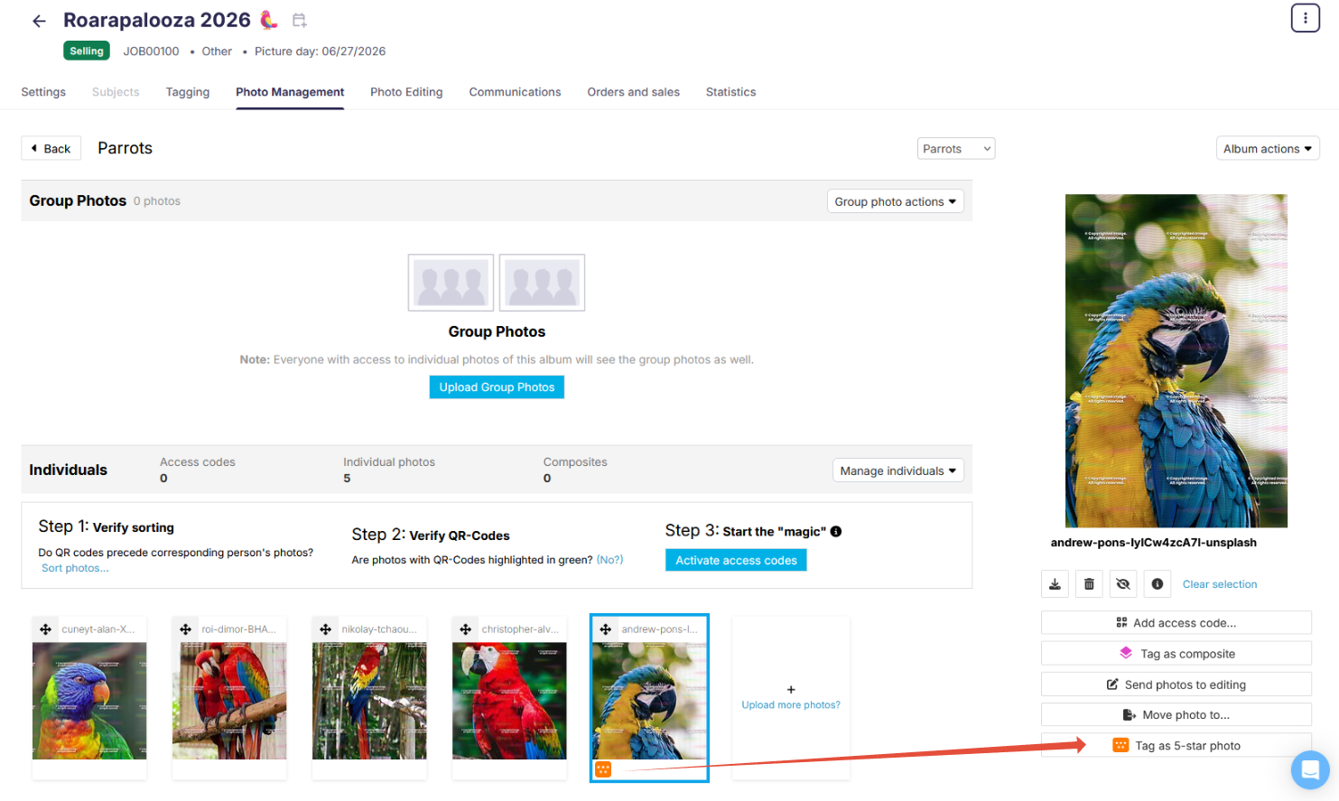 Apply a 5-star rating to select the album preview image.