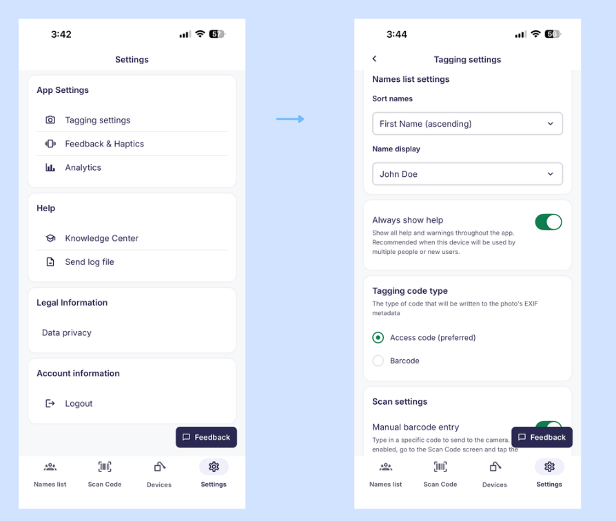 Tagging settings screen with options for sorting, name display, and multiple-subject tagging
