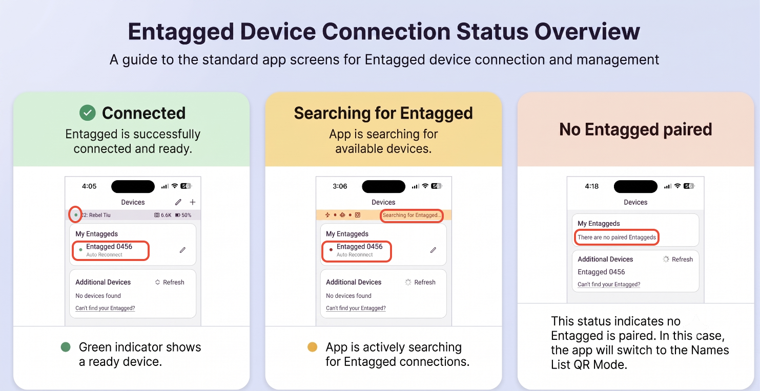 Status bar showing connection indicator, Entagged model, storage status, and camera battery level