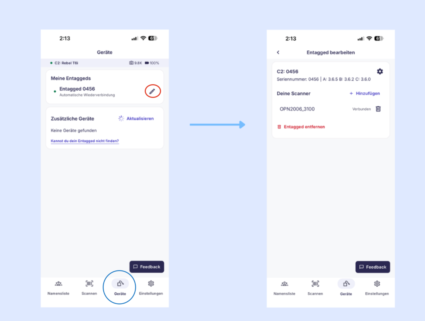 Geräteübersicht mit Entagged und Bluetooth-Scanner