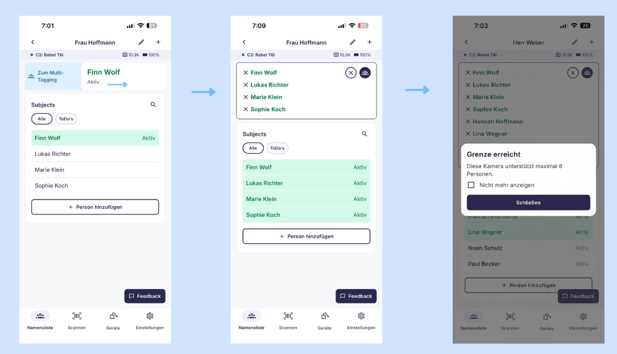 Multi-Tagging Auswahl mehrerer Personen in der App