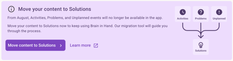 Move your content to Solutions card on the Brain in Hand web app homepage