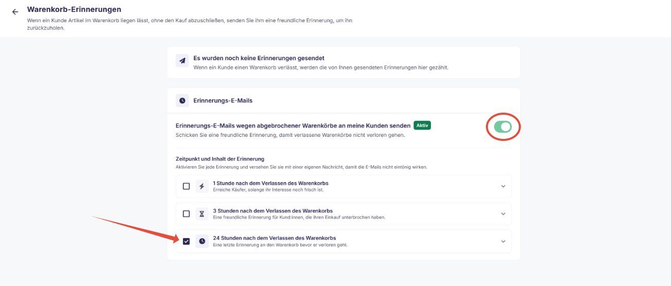 Zeitintervalle und Kontrollkästchen für Warenkorb-Erinnerungen
